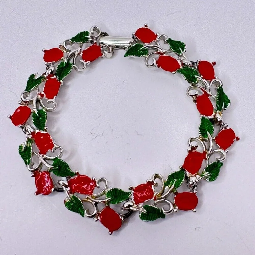 Christmas Holly Bracelet Red Green Silver Tone Metal Festive Winter Holidays - Picture 2 of 6